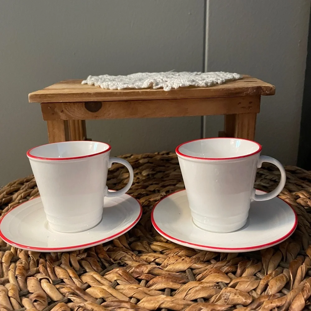 Crate&Barrel Red-Trimmed White Mugs